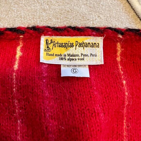 Handmade Peruvian 100% Alpaca Wool Sweater Art to Wear Red Multi Color Stripe - Picture 9 of 9